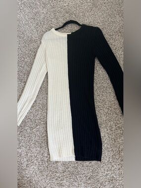 Brave Soul Split Ribbed Long Sleeve Sweater Dress — Cream & Black